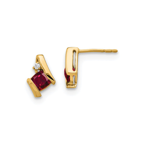 10k Yellow Gold Stud Earrings with Cushion Cut Created Ruby and Diamond Accents, Modern Angled Design