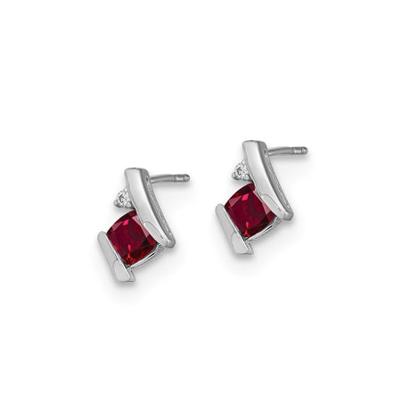 Sterling Silver Stud Earrings with Created Ruby and Diamond Accents, Modern Square Cut Design