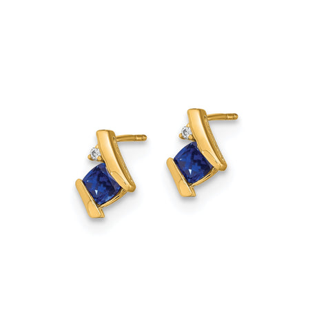 10k Yellow Gold Stud Earrings with Created Sapphire and Diamond, Princess Cut, Angular Design