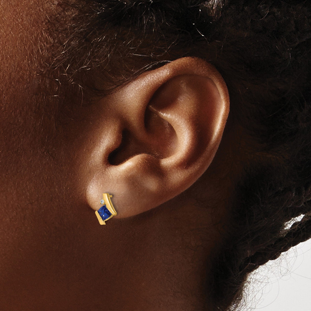 10k Yellow Gold Stud Earrings with Created Sapphire and Diamond, Princess Cut, Angular Design