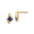10k Yellow Gold Stud Earrings with Created Sapphire and Diamond, Princess Cut, Angular Design
