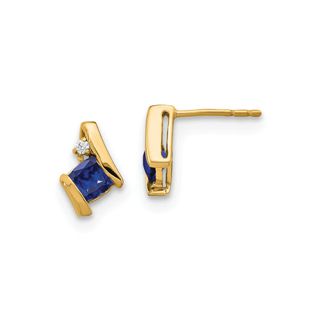 10k Yellow Gold Stud Earrings with Created Sapphire and Diamond, Princess Cut, Angular Design