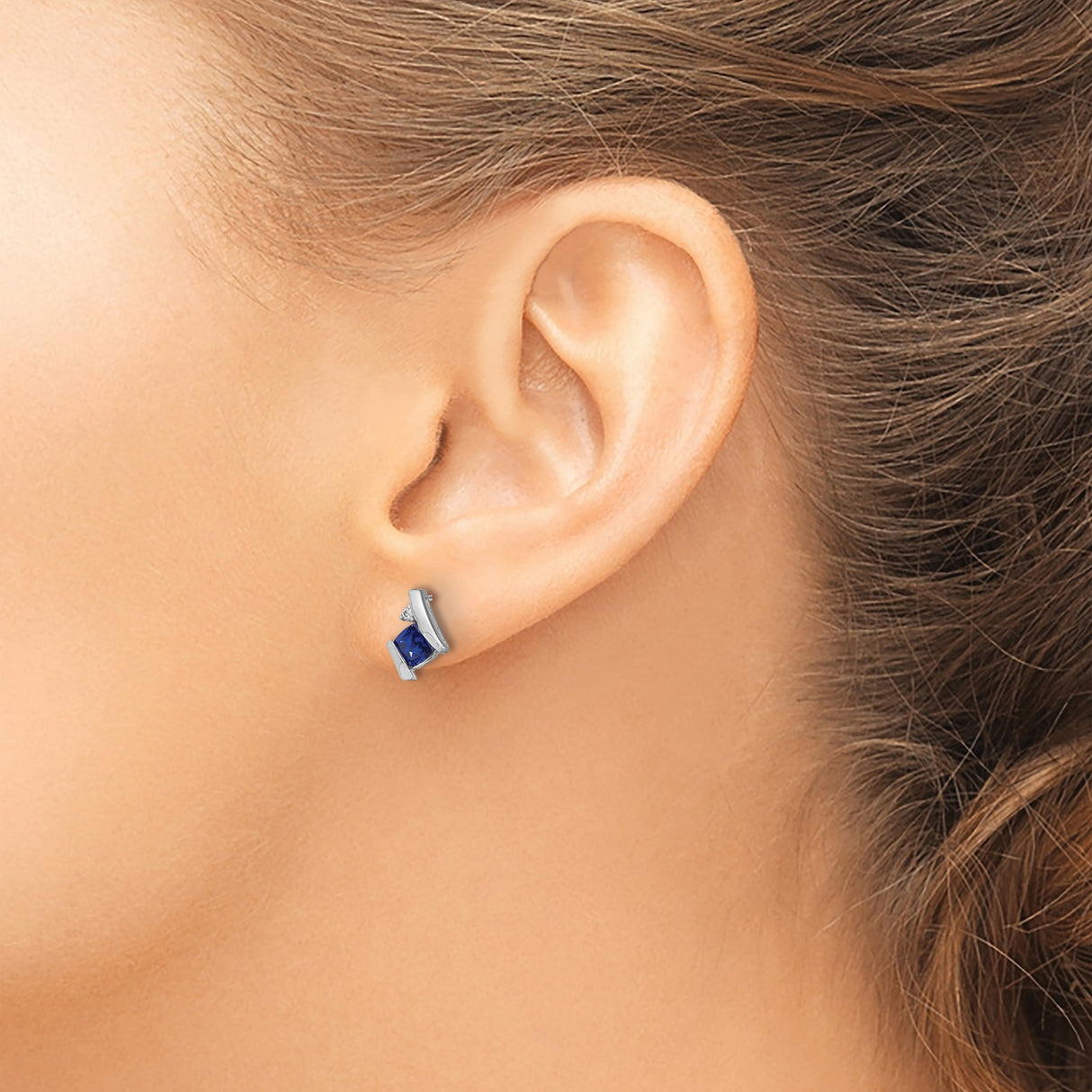 Sterling Silver Stud Earrings with Created Sapphire and Diamond, Geometric Design