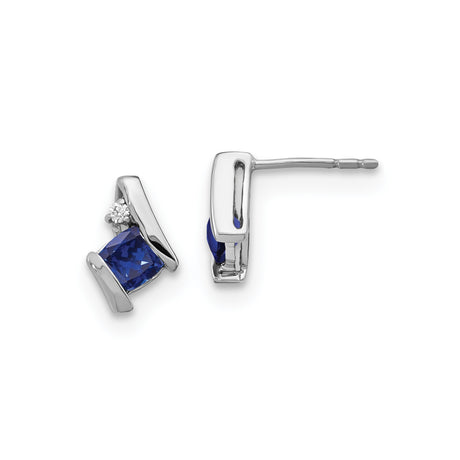 Sterling Silver Stud Earrings with Created Sapphire and Diamond, Geometric Design