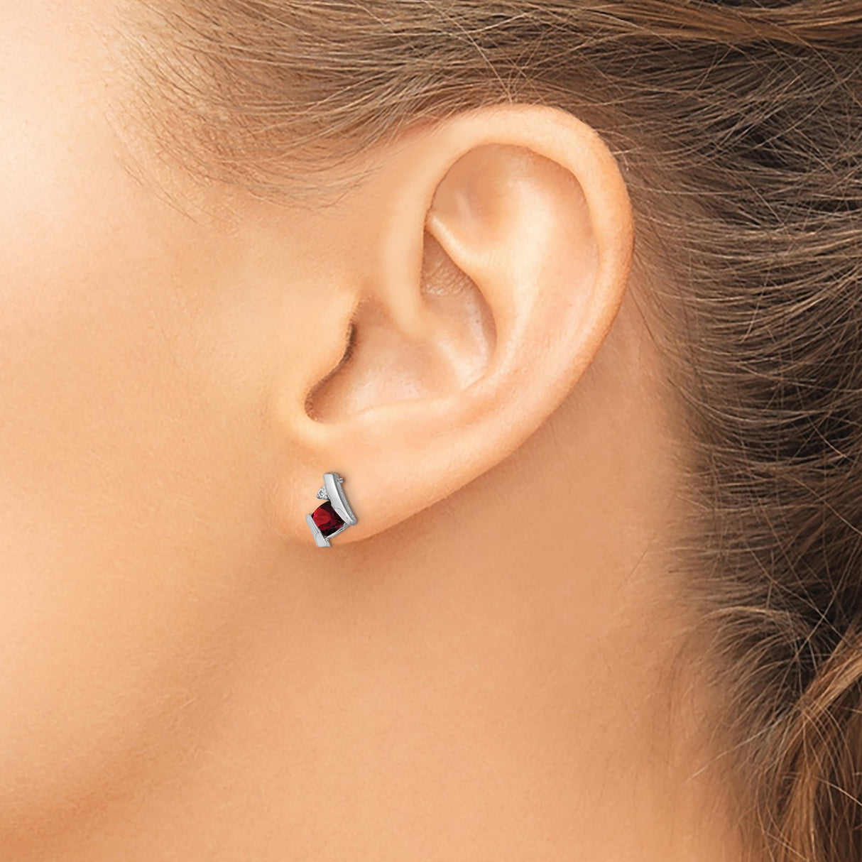 10k White Gold Stud Earrings with Square Garnet and Diamond Accents, Modern Design