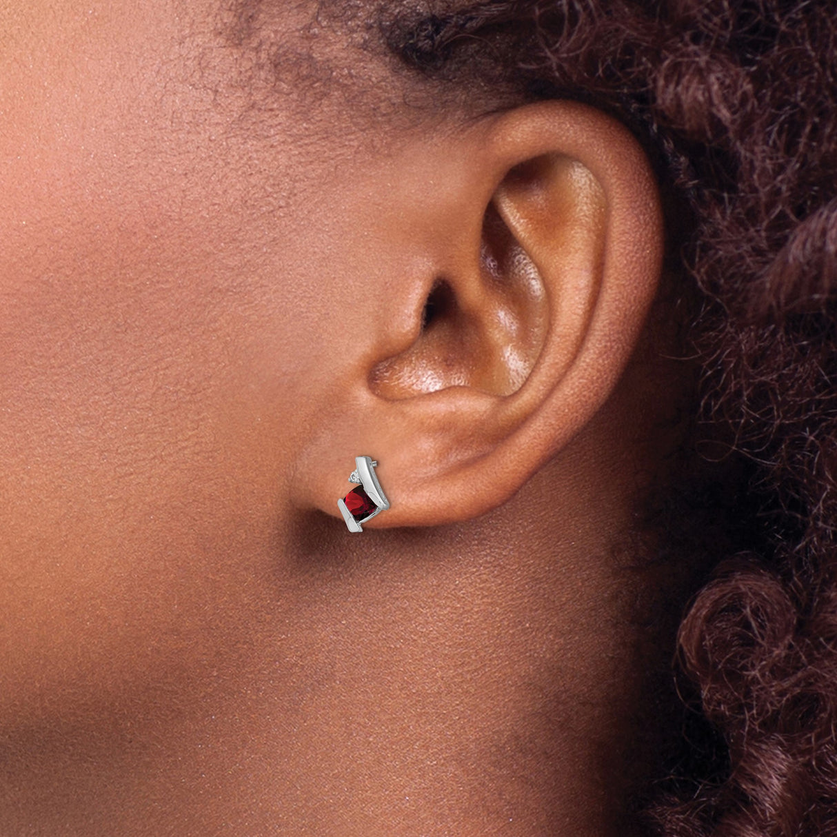 Sterling Silver Stud Earrings with Square Garnet and Diamond Accents, Modern Design