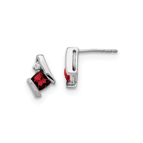 Sterling Silver Stud Earrings with Square Garnet and Diamond Accents, Modern Design