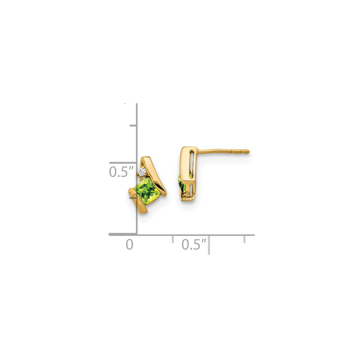 10k Yellow Gold Earrings with Square Cut Peridot and Diamond Accents, Asymmetrical Modern Design