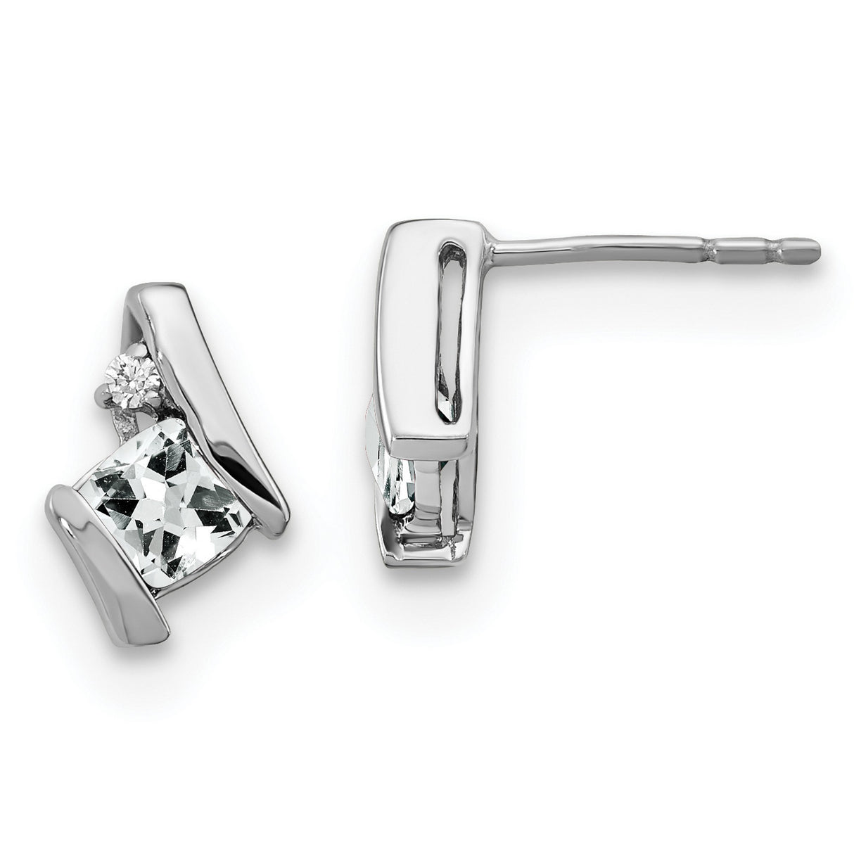 10k White Gold Stud Earrings with Princess Cut White Topaz and Diamond Accents, Geometric Design