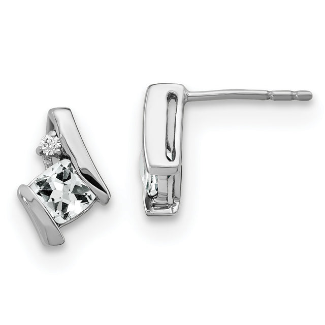 10k White Gold Stud Earrings with Princess Cut White Topaz and Diamond Accents, Geometric Design