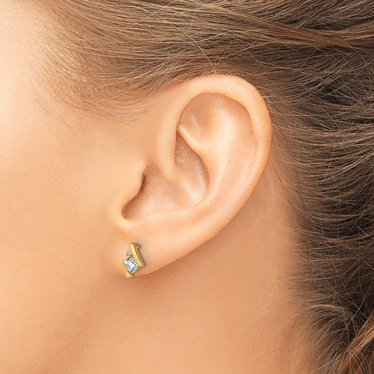 10k Yellow Gold Stud Earrings with White Topaz and Diamond, Square Cut, Modern Geometric Design