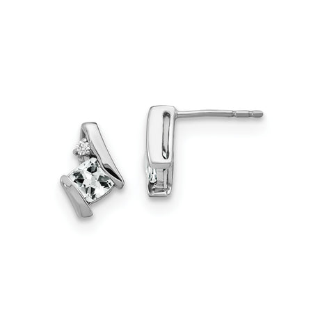 14k White Gold Stud Earrings with Princess Cut White Topaz and Diamond Accent, Geometric Design
