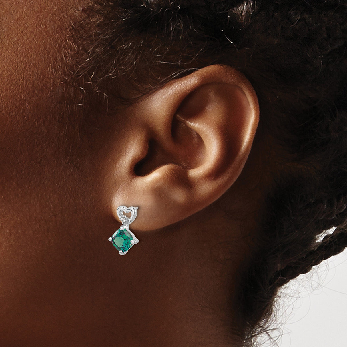 14k White Gold Dangle Earrings with Created Alexandrite and Diamond Heart Design