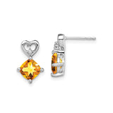 14k White Gold Heart Shaped Earrings with Cushion Cut Citrine and Diamond Accent