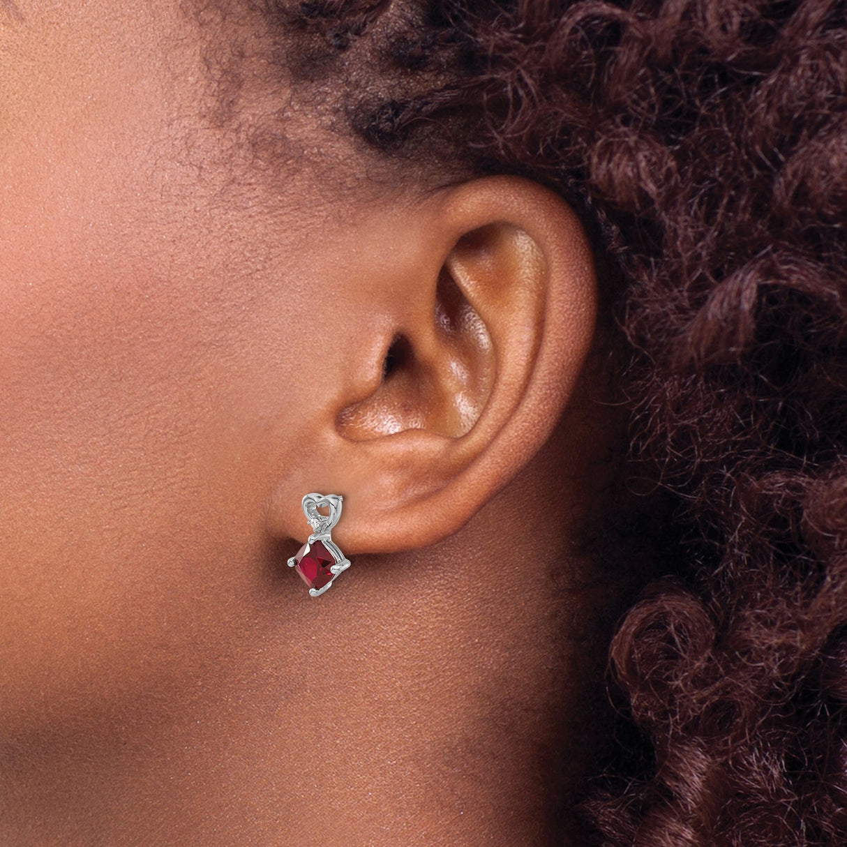 14k White Gold Heart Dangle Earrings with Created Ruby and Diamond Accent