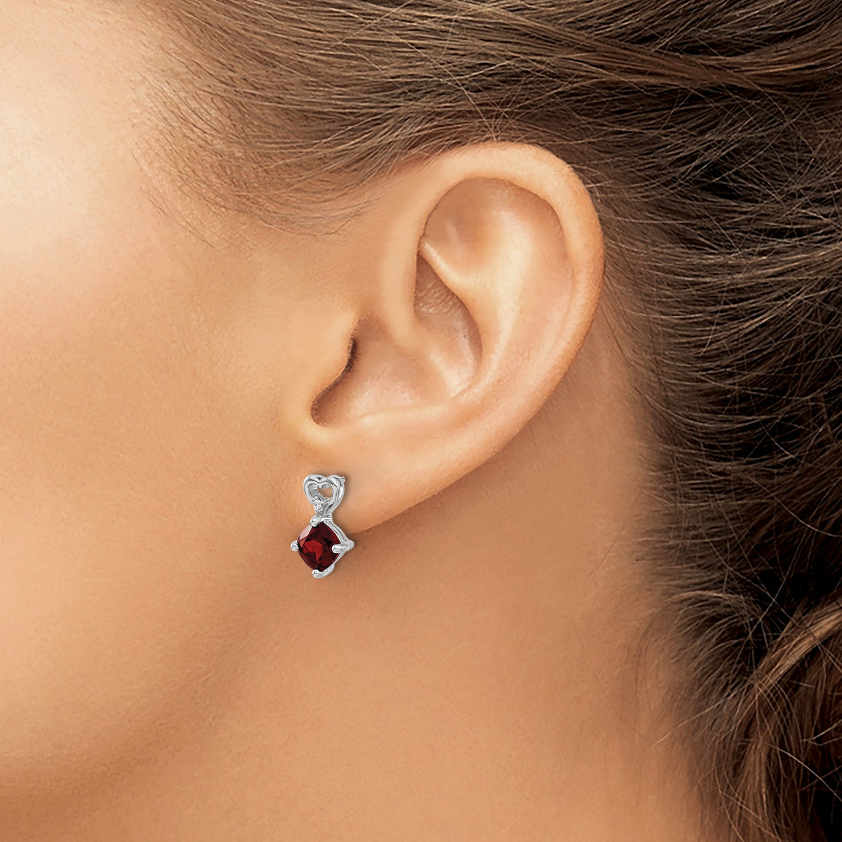 14k White Gold Heart Shaped Garnet and Diamond Accent Dangle Earrings for Women
