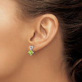 14k White Gold Stud Earrings with Cushion Cut Peridot and Diamond Accents, Heart Design