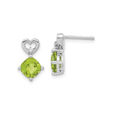 14k White Gold Stud Earrings with Cushion Cut Peridot and Diamond Accents, Heart Design