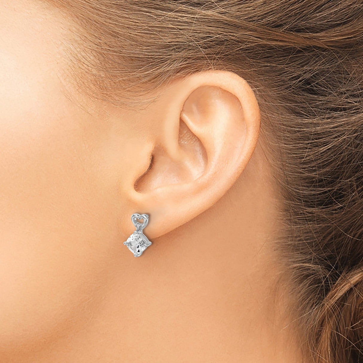 14k White Gold Dangle Earrings with Cushion Cut White Topaz, Heart Drop Design, Diamond Accents