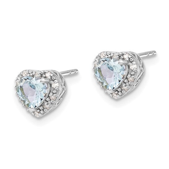 Sterling Silver Heart Stud Earrings with Aquamarine and Diamond Accents