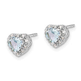 Sterling Silver Heart Stud Earrings with Aquamarine and Diamond Accents