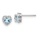 Sterling Silver Heart Stud Earrings with Aquamarine and Diamond Accents