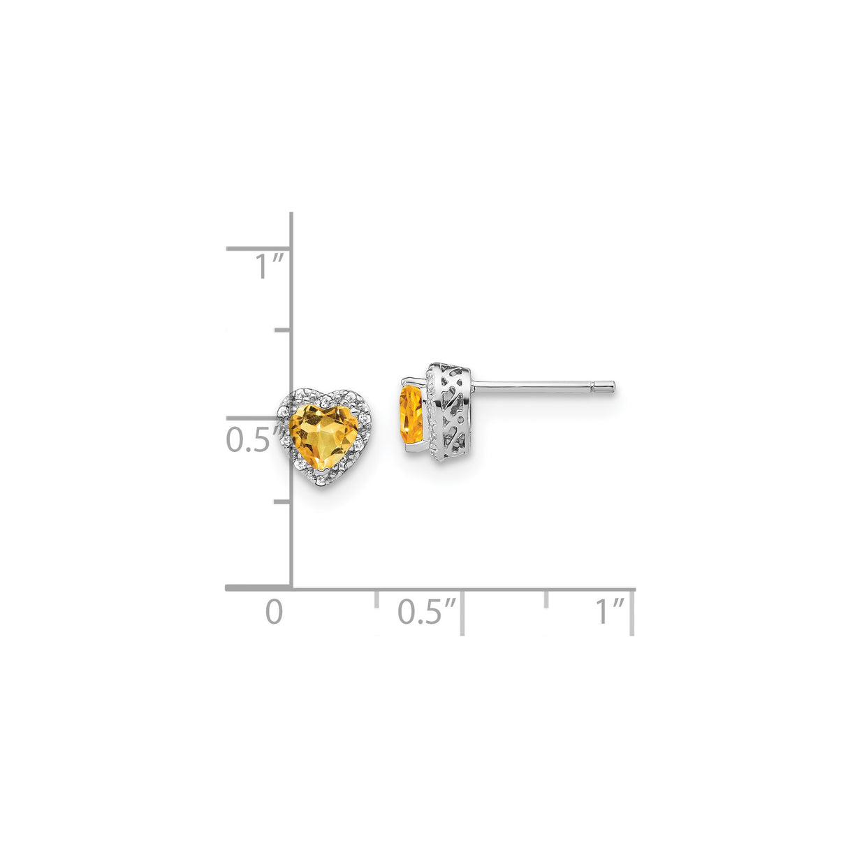 Sterling Silver Heart Stud Earrings with Citrine Center and Diamond Accents