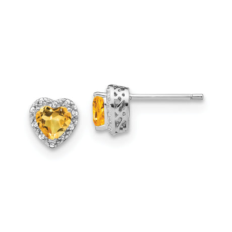 Sterling Silver Heart Stud Earrings with Citrine Center and Diamond Accents