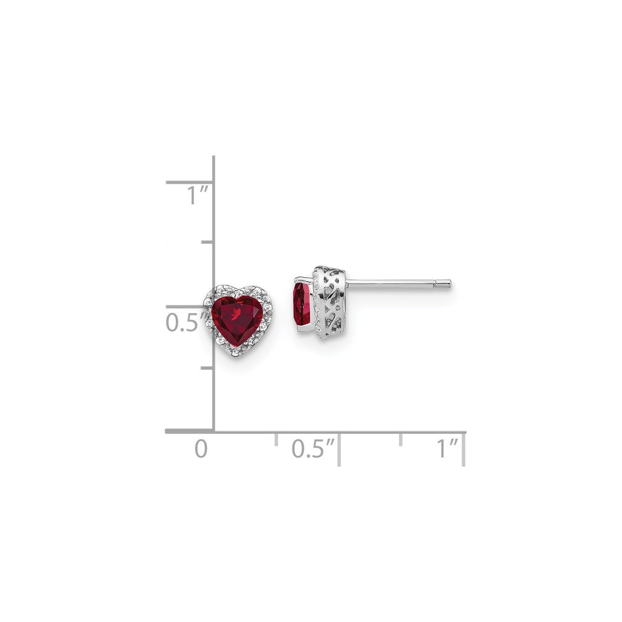 Sterling Silver Heart Stud Earrings with Created Ruby Center and Diamond Accents