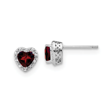 Sterling Silver Heart Shaped Earrings with Garnet Center and Diamond Accents