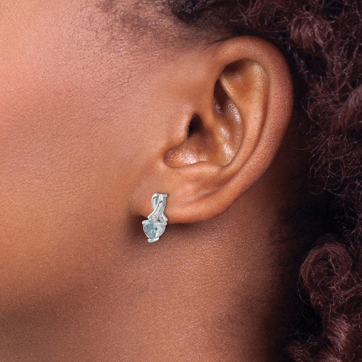 Sterling Silver Heart Stud Earrings with Aquamarine and Diamond Accent