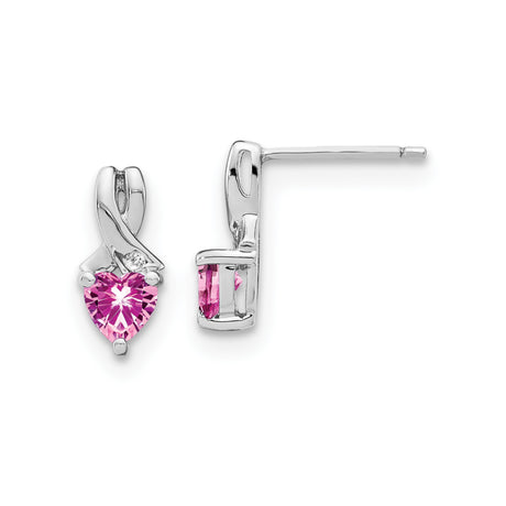 Sterling Silver Heart Stud Earrings with Created Sapphire and Diamond Accent, Ribbon Design
