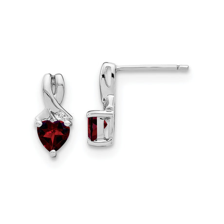 Sterling Silver Heart Stud Earrings with Garnet and Diamond Accents, Romantic Ribbon Design