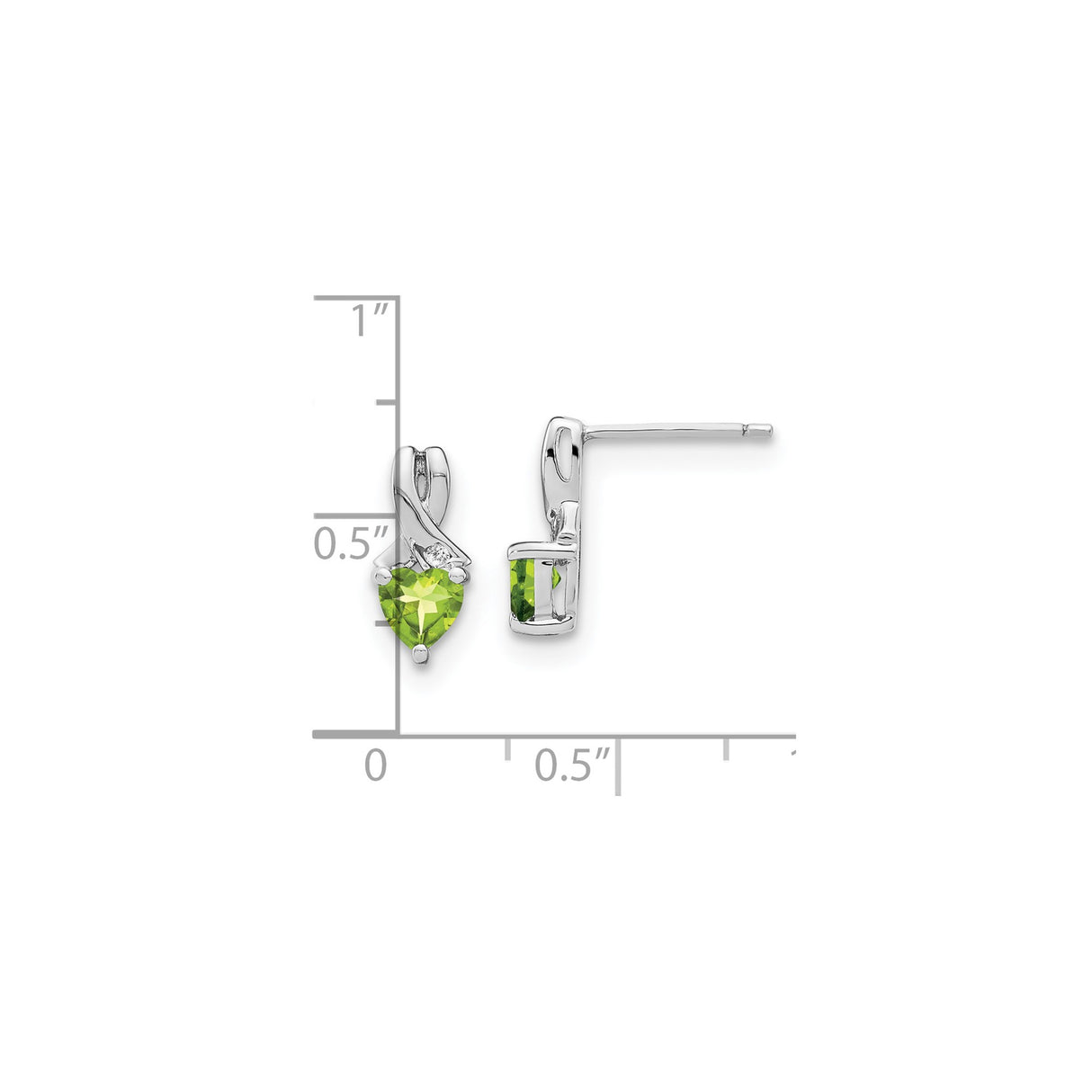 Sterling Silver Heart Shaped Peridot and Diamond Stud Earrings, Ribbon Design
