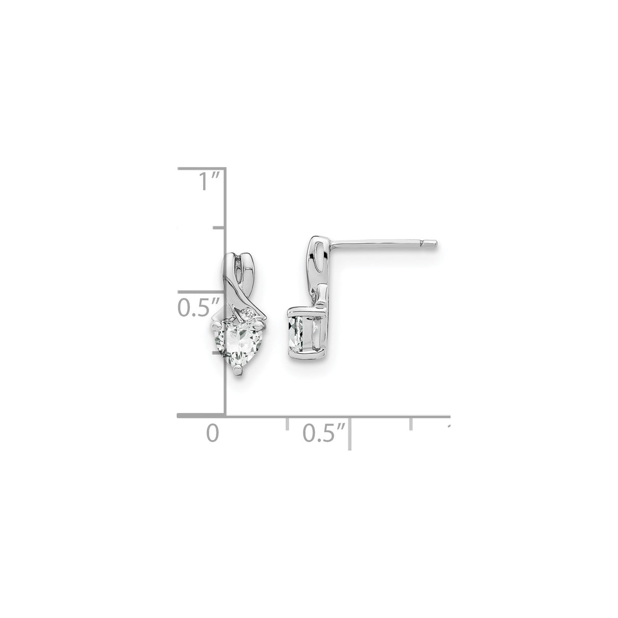 Sterling Silver Heart Shaped Stud Earrings with White Topaz and Diamond, Crossover Ribbon Design