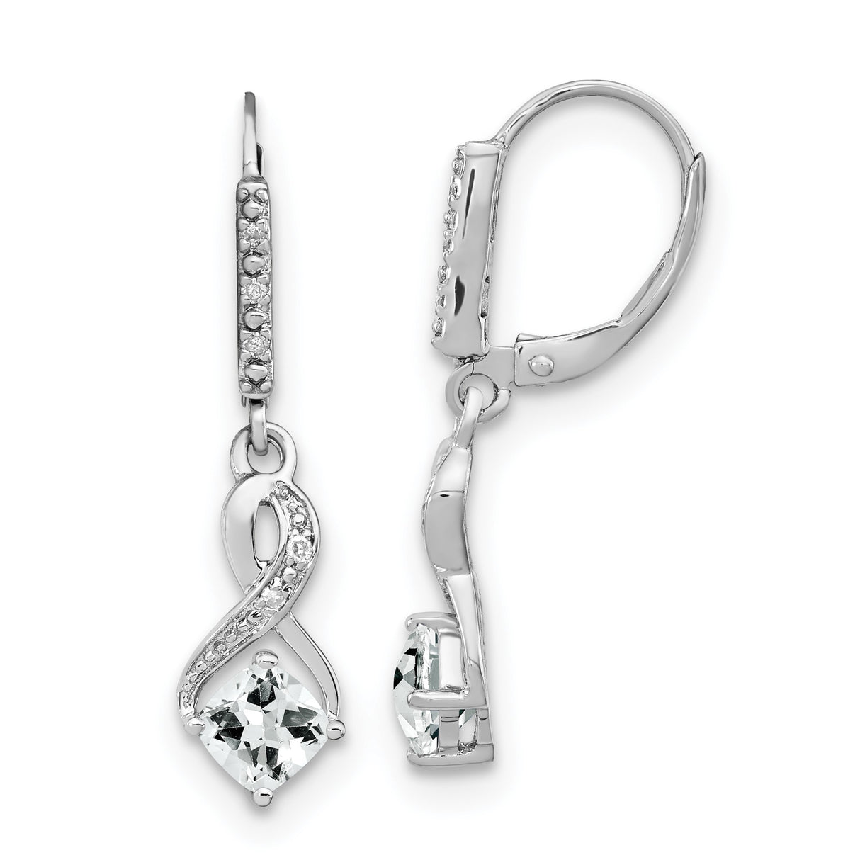 Sterling Silver Dangle Earrings with White Topaz and Diamond, Infinity Symbol Design