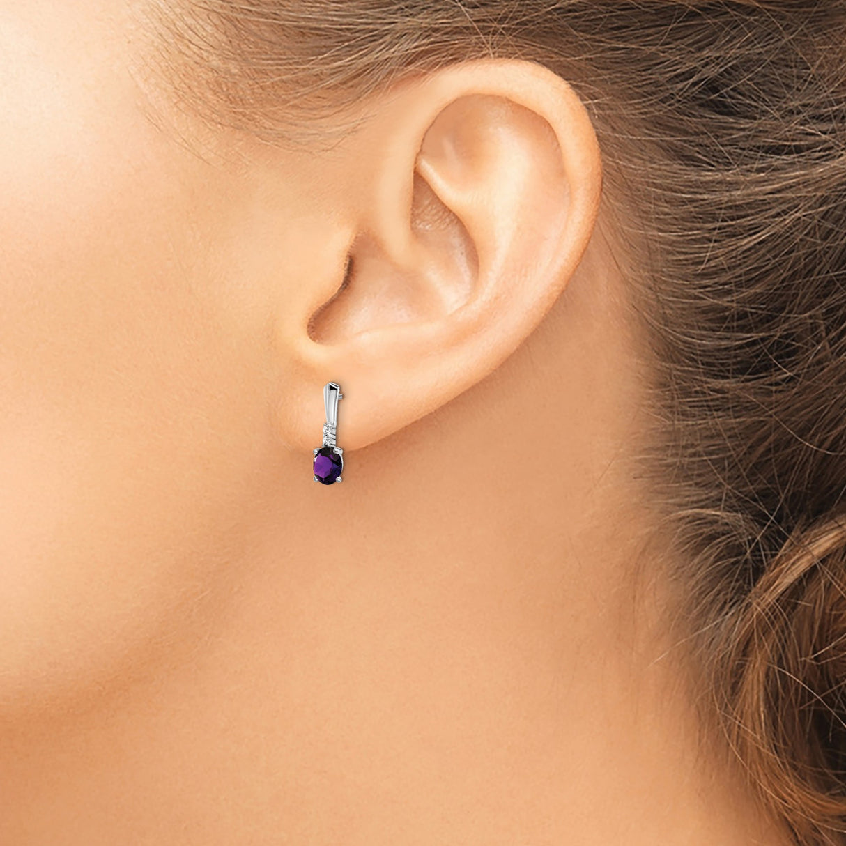 14k White Gold Dangle Earrings with Oval Amethyst and Diamond Accents, Minimalist Drop Design