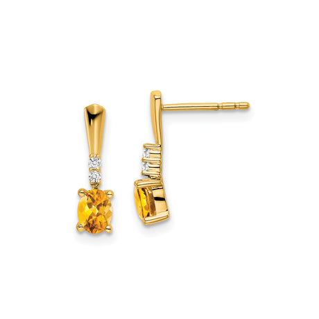 14k Yellow Gold Drop Earrings with Citrine and Diamond Accents, Leverback Dangle Design