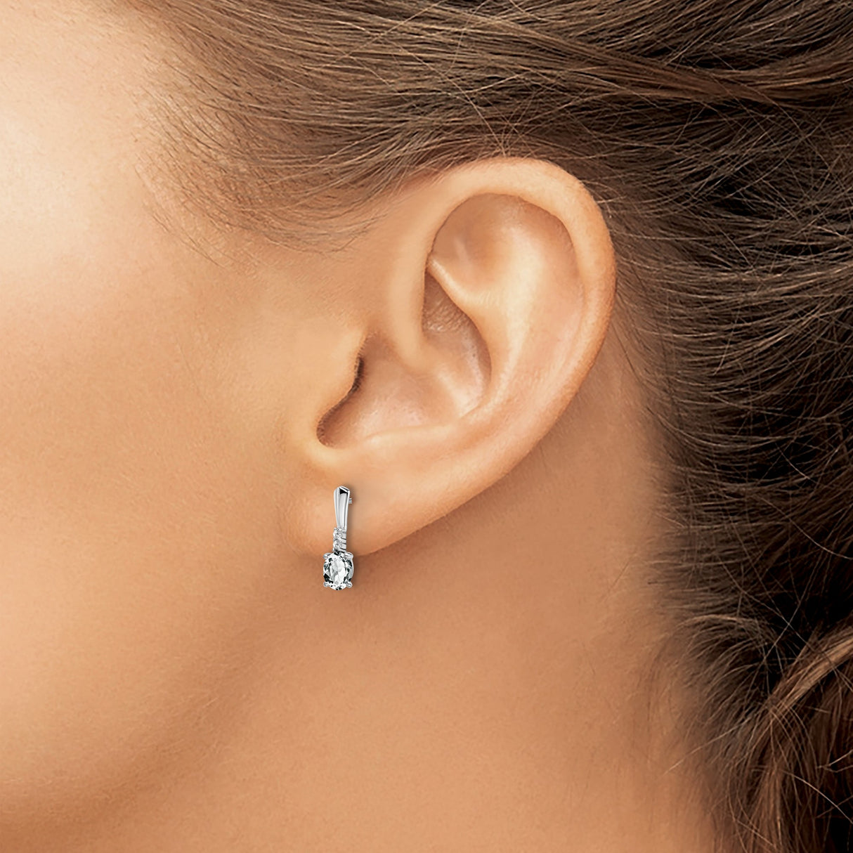 14k White Gold Drop Earrings with Oval White Topaz and Diamond Accents, Minimal Dangle Style