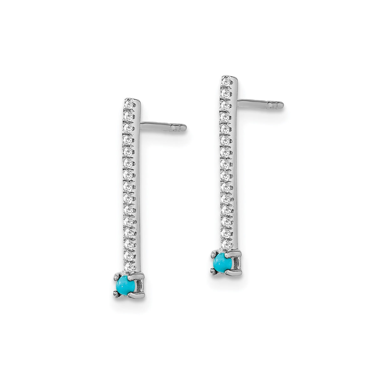 14k White Gold Drop Earrings with Turquoise and White Topaz, Vertical Dangle Design
