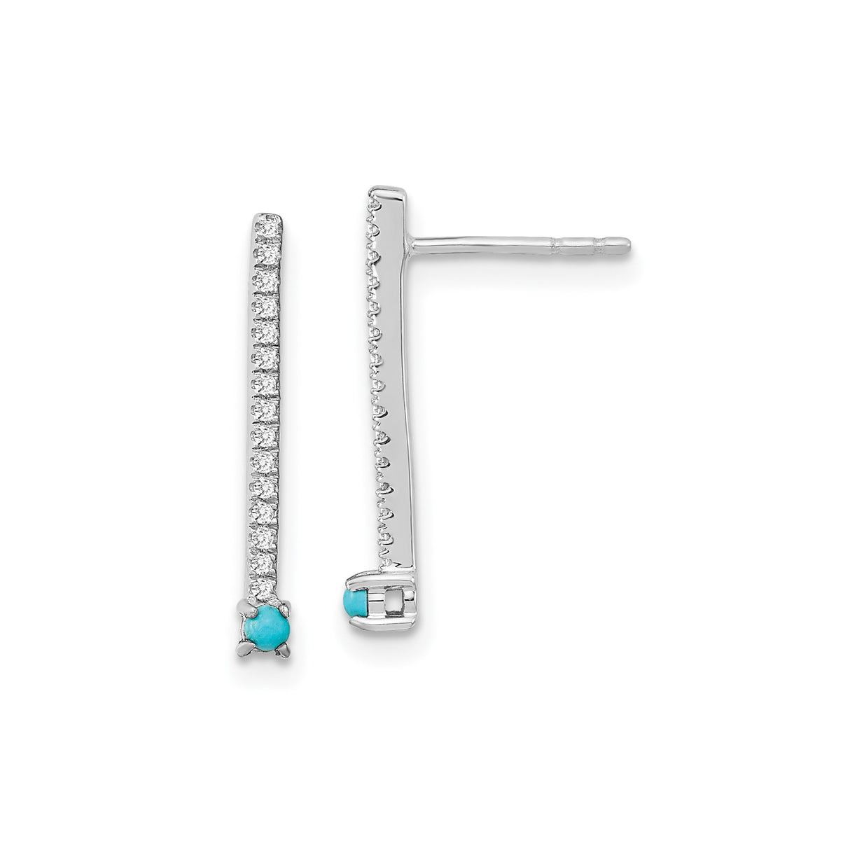 14k White Gold Drop Earrings with Turquoise and White Topaz, Vertical Dangle Design