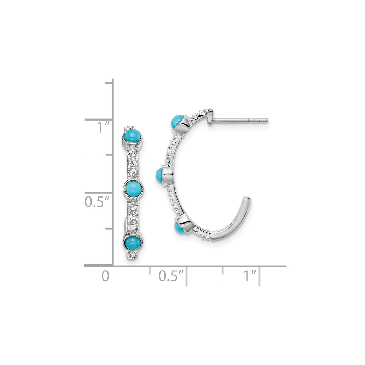 14k White Gold Hoop Earrings with Turquoise and White Topaz, Modern Design for Women
