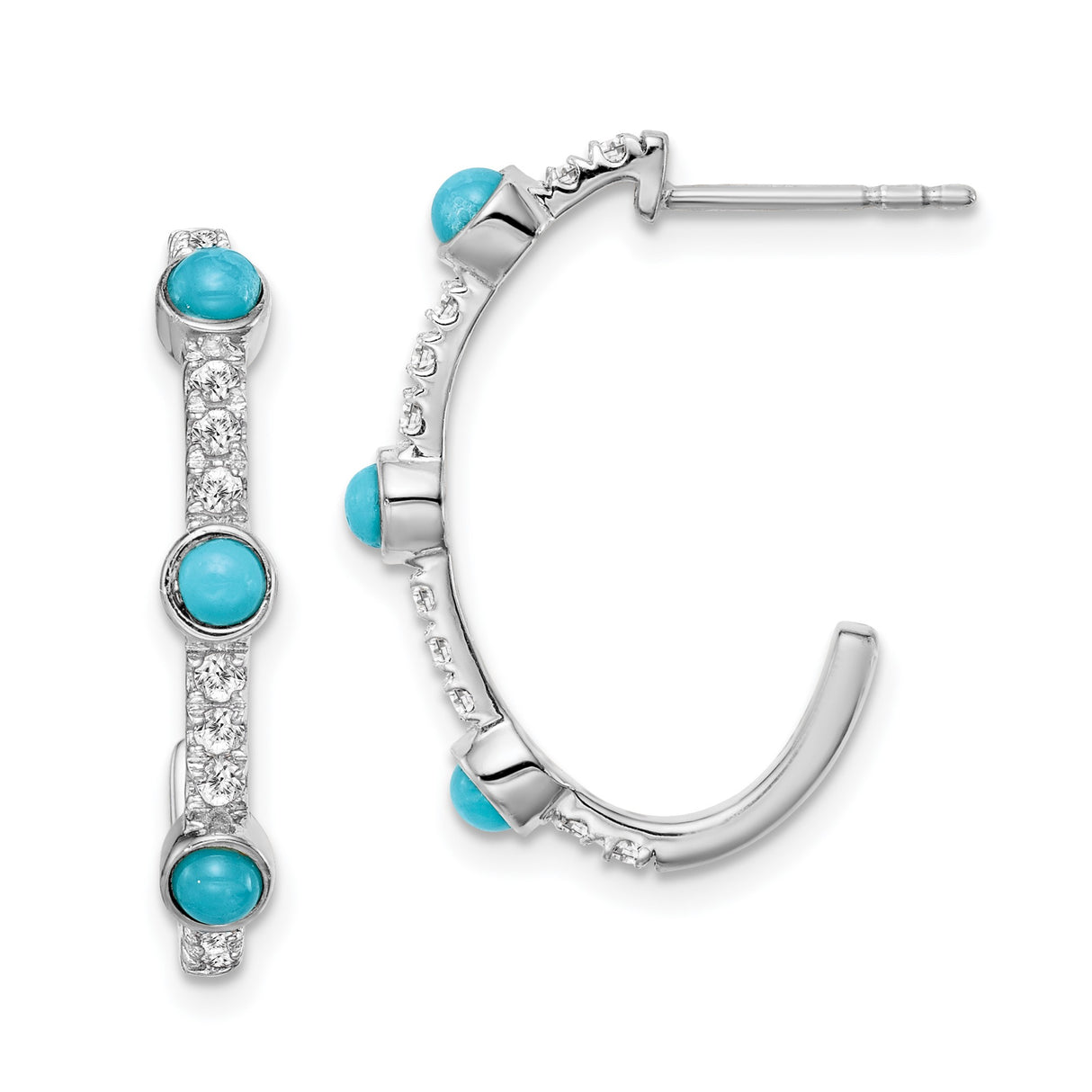 14k White Gold Hoop Earrings with Turquoise and White Topaz, Modern Design for Women