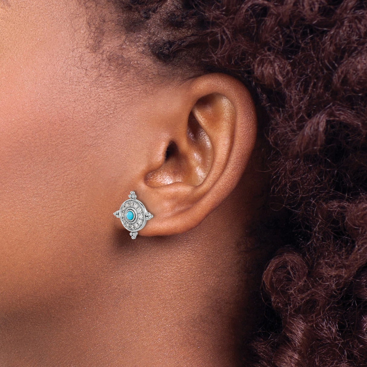 14k White Gold Evil Eye Stud Earrings with Turquoise and White Topaz Halo