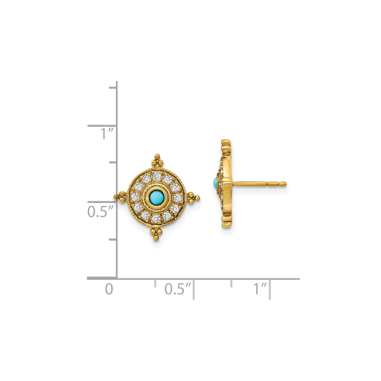 14k Yellow Gold Stud Earrings with Round Turquoise, White Topaz Halo, Evil Eye Mandala Design