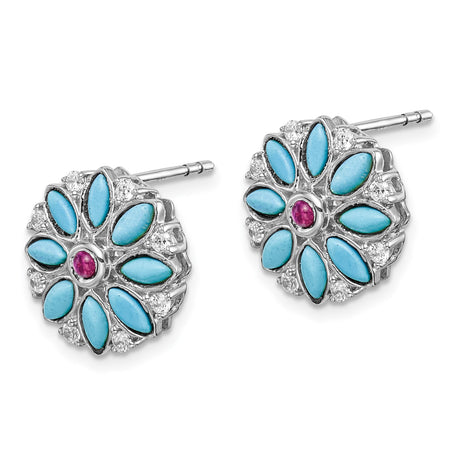 14k White Gold Floral Stud Earrings with Created Ruby and Turquoise Petals, Vintage Boho Design