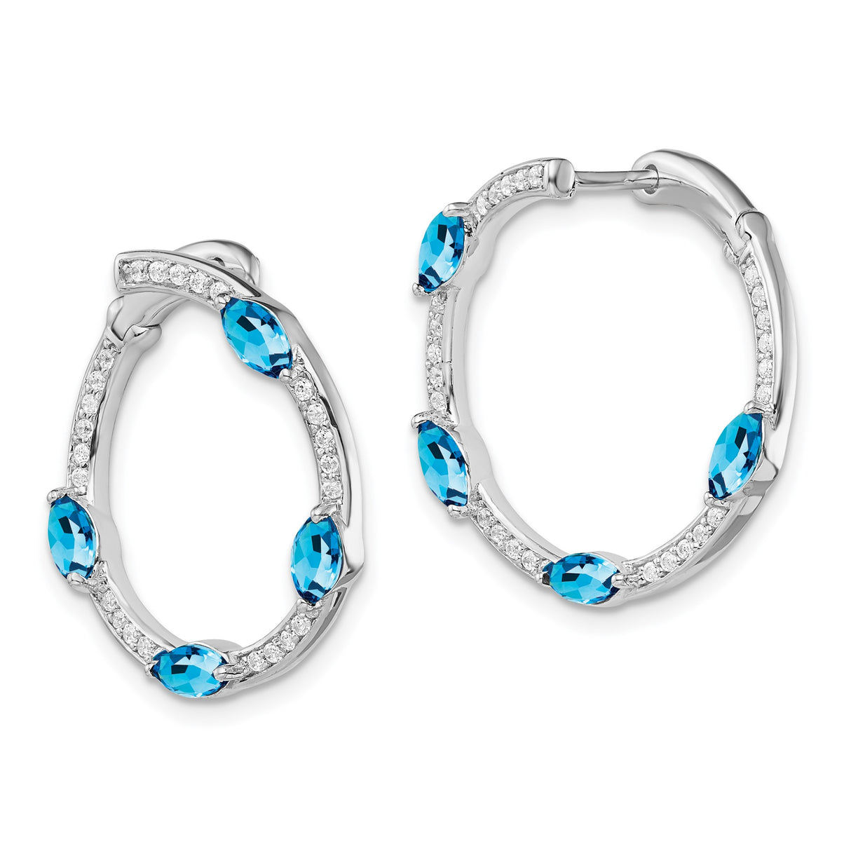14k White Gold Hoop Earrings with Swiss Blue Topaz and Diamond Pavé, December Birthstone Jewelry