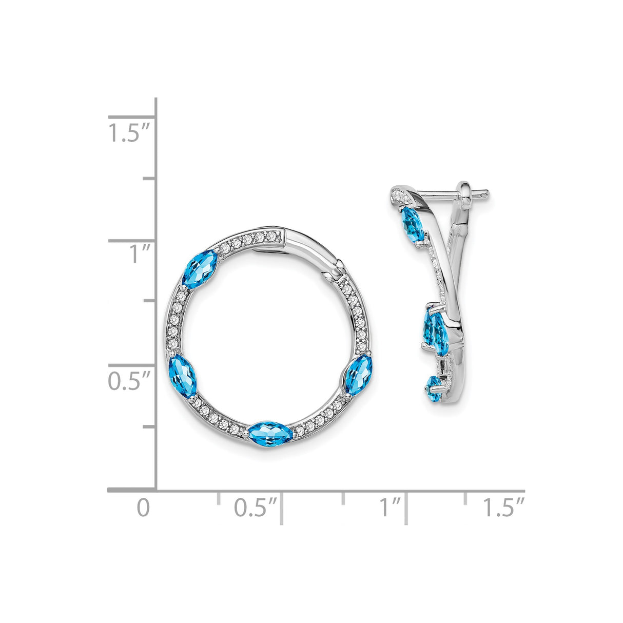 14k White Gold Hoop Earrings with Swiss Blue Topaz and Diamond Pavé, December Birthstone Jewelry