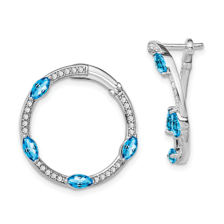 14k White Gold Hoop Earrings with Swiss Blue Topaz and Diamond Pavé, December Birthstone Jewelry
