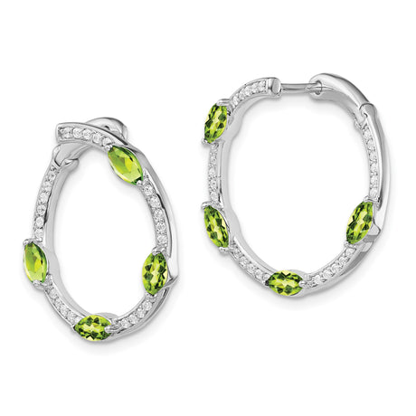 14k White Gold Hoop Earrings with Marquise Peridot and Round Diamonds, August Birthstone Jewelry